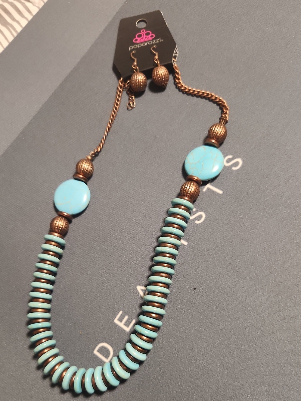 paparazzi Turquoise and Antiqued Gold Disc Necklace Set